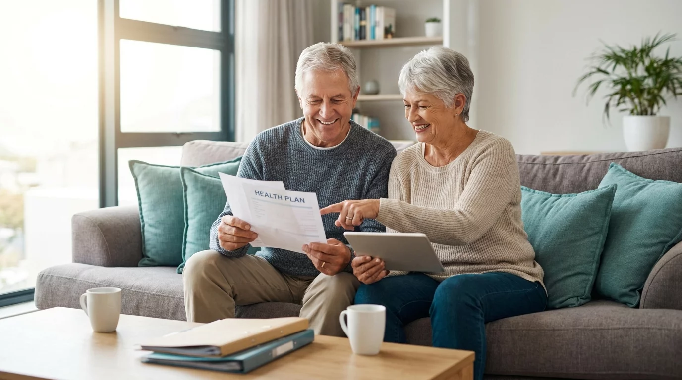 Couple senior souriant consultant des documents de sante