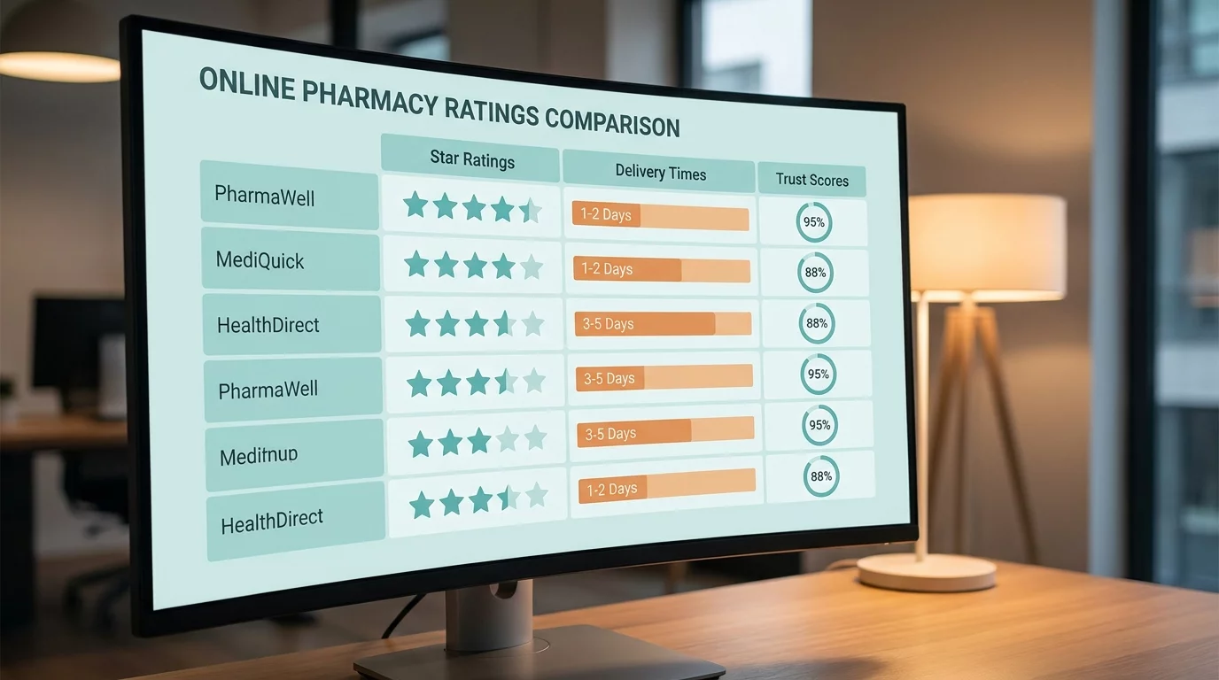 Tableau comparatif visuel des pharmacies en ligne avec notes et criteres
